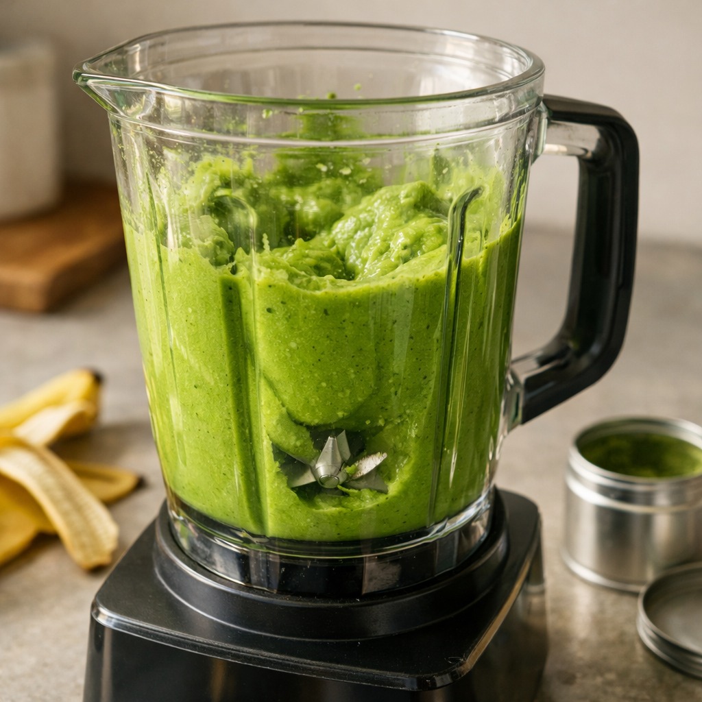Blender jar filled with thick bright green matcha smoothie on a kitchen counter