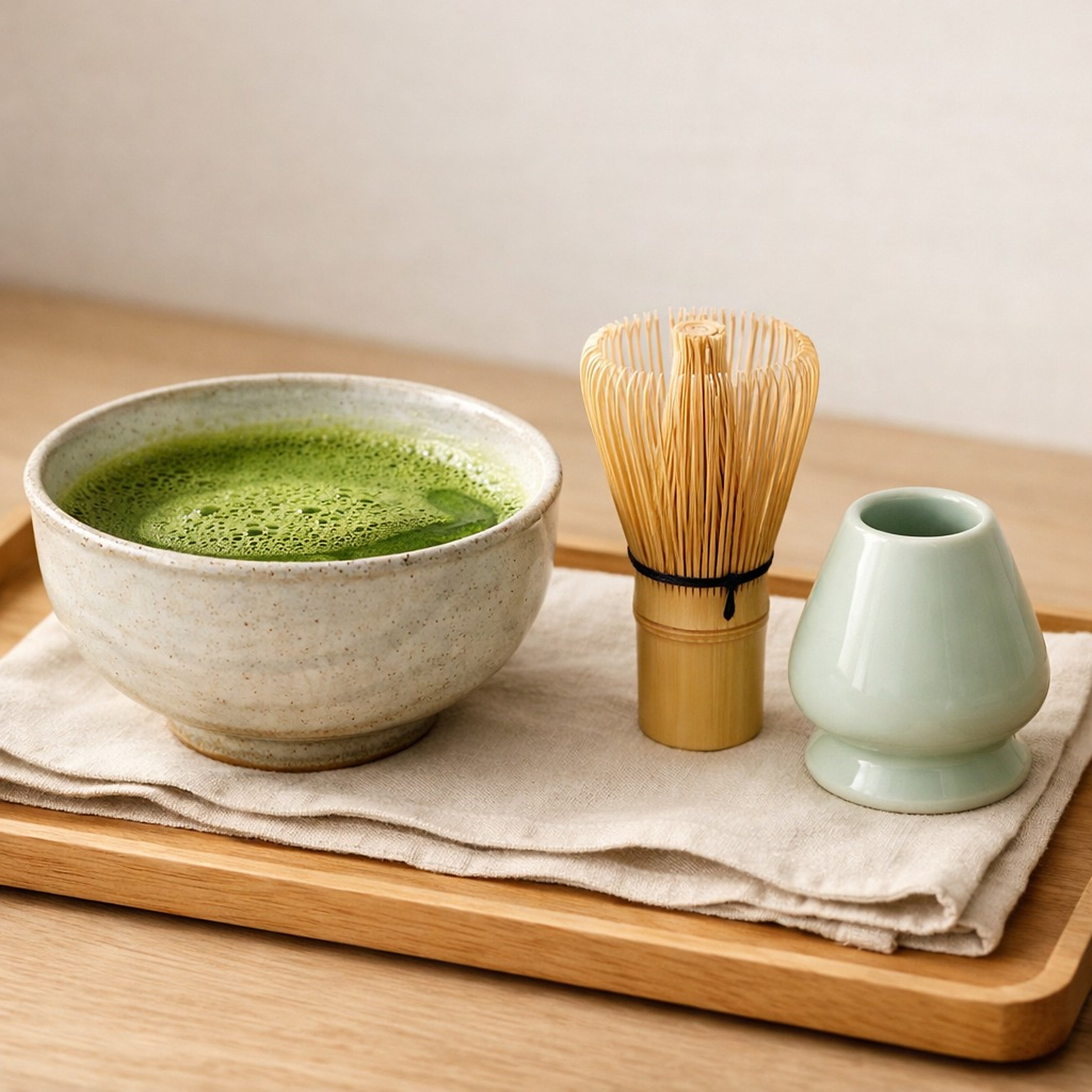 Traditional Japanese tea setting with chawan, bamboo whisk on a holder, and linen napkin