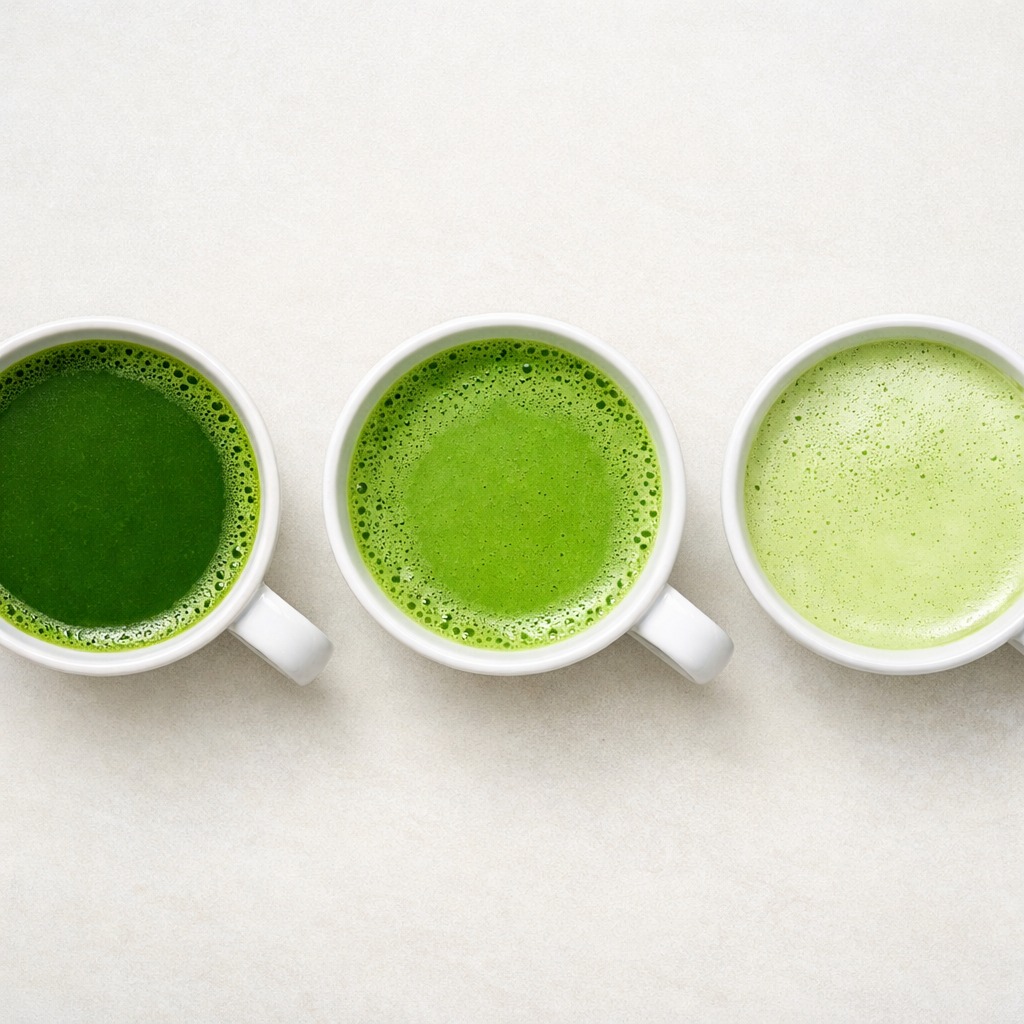 Three cups of prepared matcha tea showing different grades from ceremonial to culinary