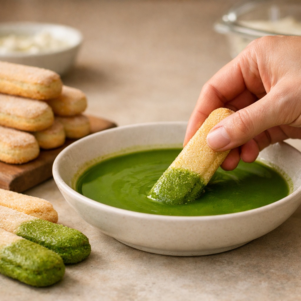 Hand dipping a ladyfinger biscuit into a shallow bowl of bright green matcha liquid