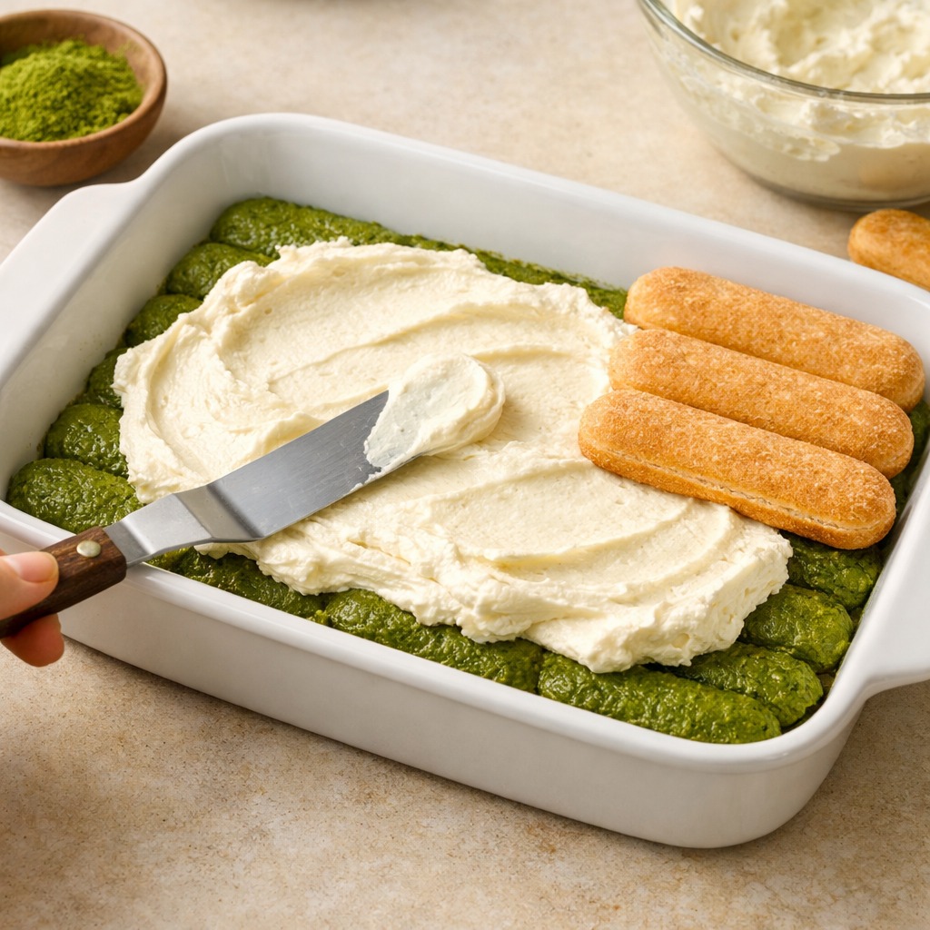 Matcha tiramisu being layered in a dish with green-soaked ladyfingers and mascarpone cream