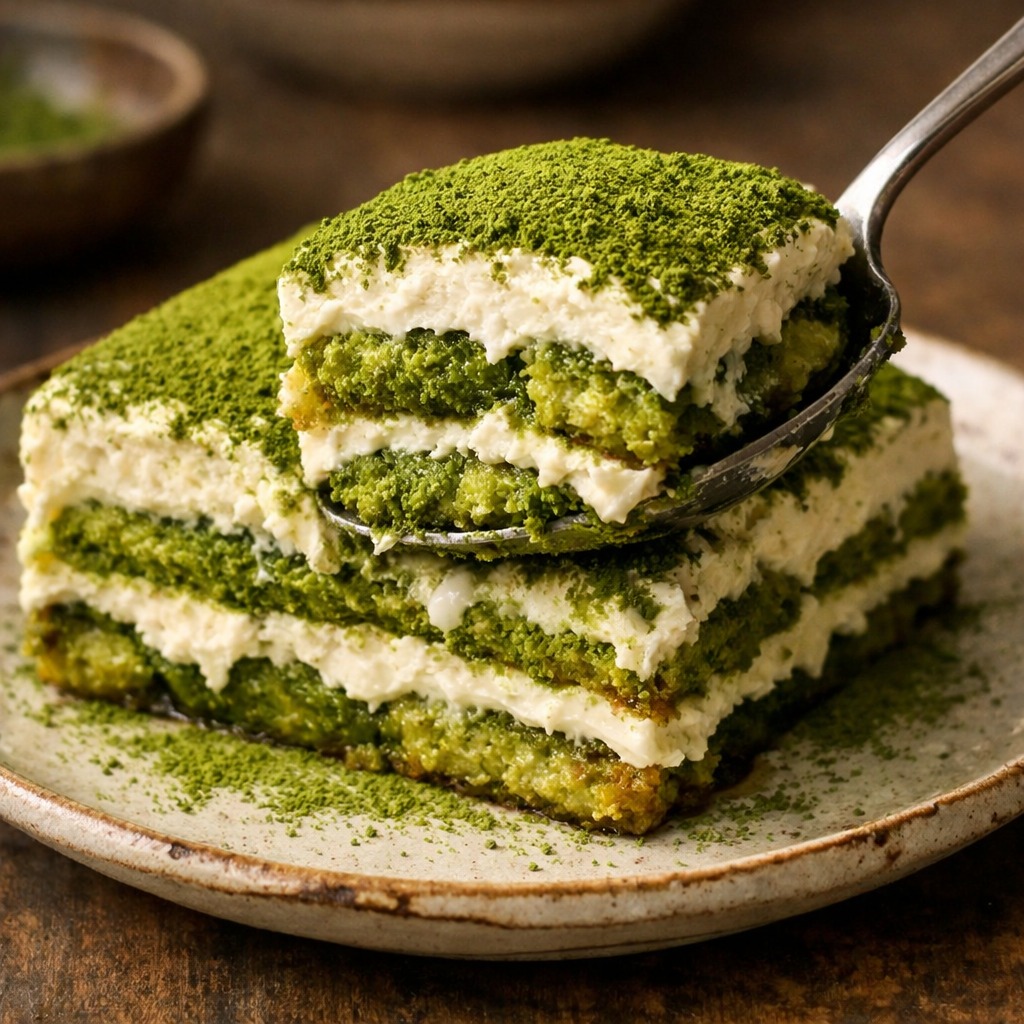 Portion of matcha tiramisu with cross-section showing green and white alternating layers