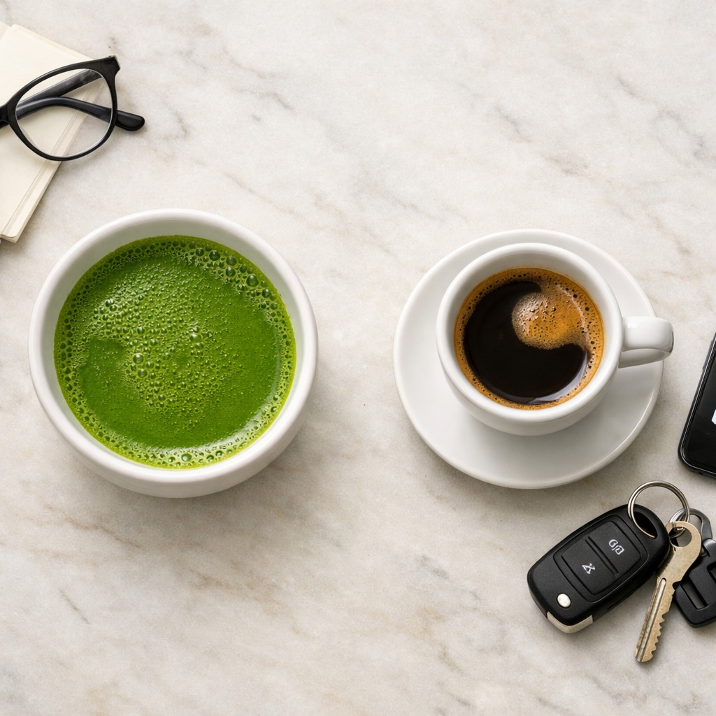Matcha bowl with a book and glasses beside an espresso with a phone and car keys