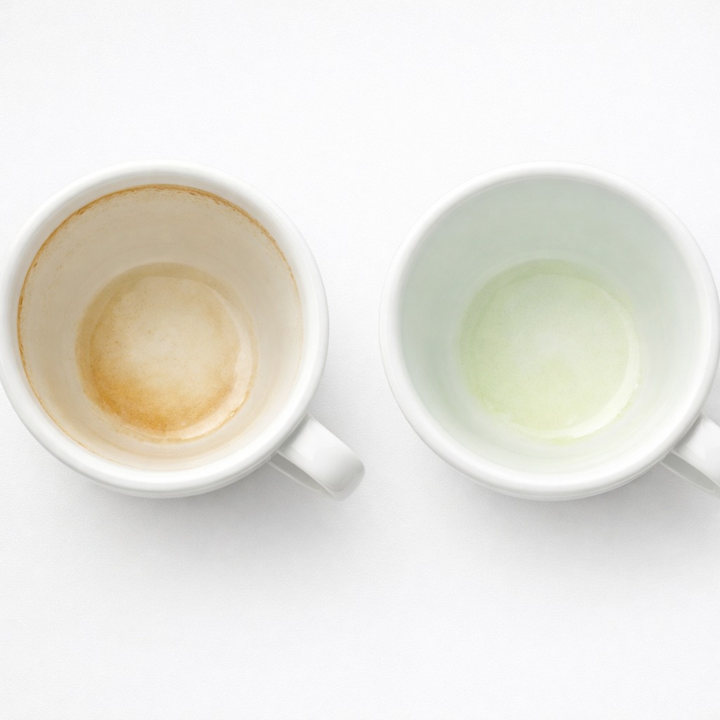 Two white cups from above: one with a coffee ring stain, one clean after matcha
