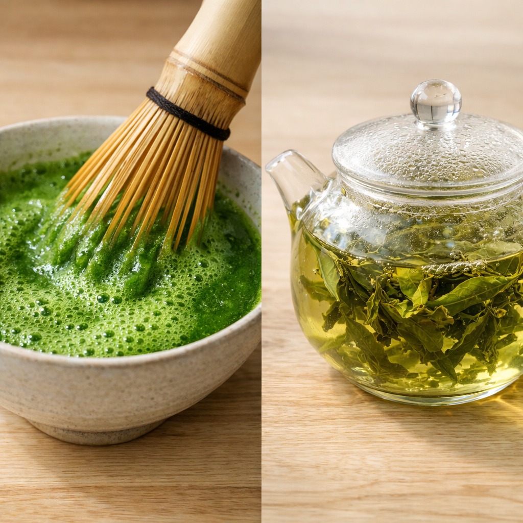 Bambusbesen schlägt Matcha in einer Schale neben einer Teekanne mit grünem Tee