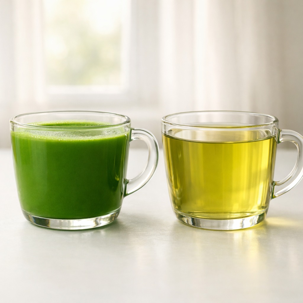 Zwei durchscheinende Gläser: undurchsichtiger leuchtend grüner Matcha und durchsichtig blassgrüner Tee