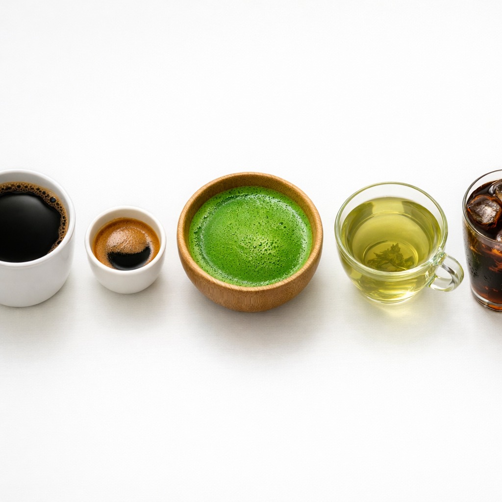 Five drinks in a row on a clean white surface, showing relative caffeine levels: a large mug of coffee, a small espresso