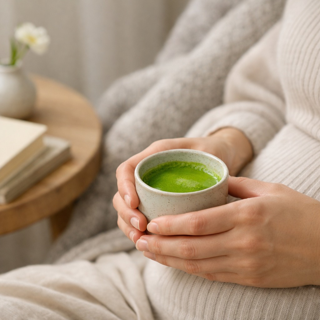 A woman's hands holding a small warm cup of matcha, sitting in a comfortable chair with a soft blanket visible in the background