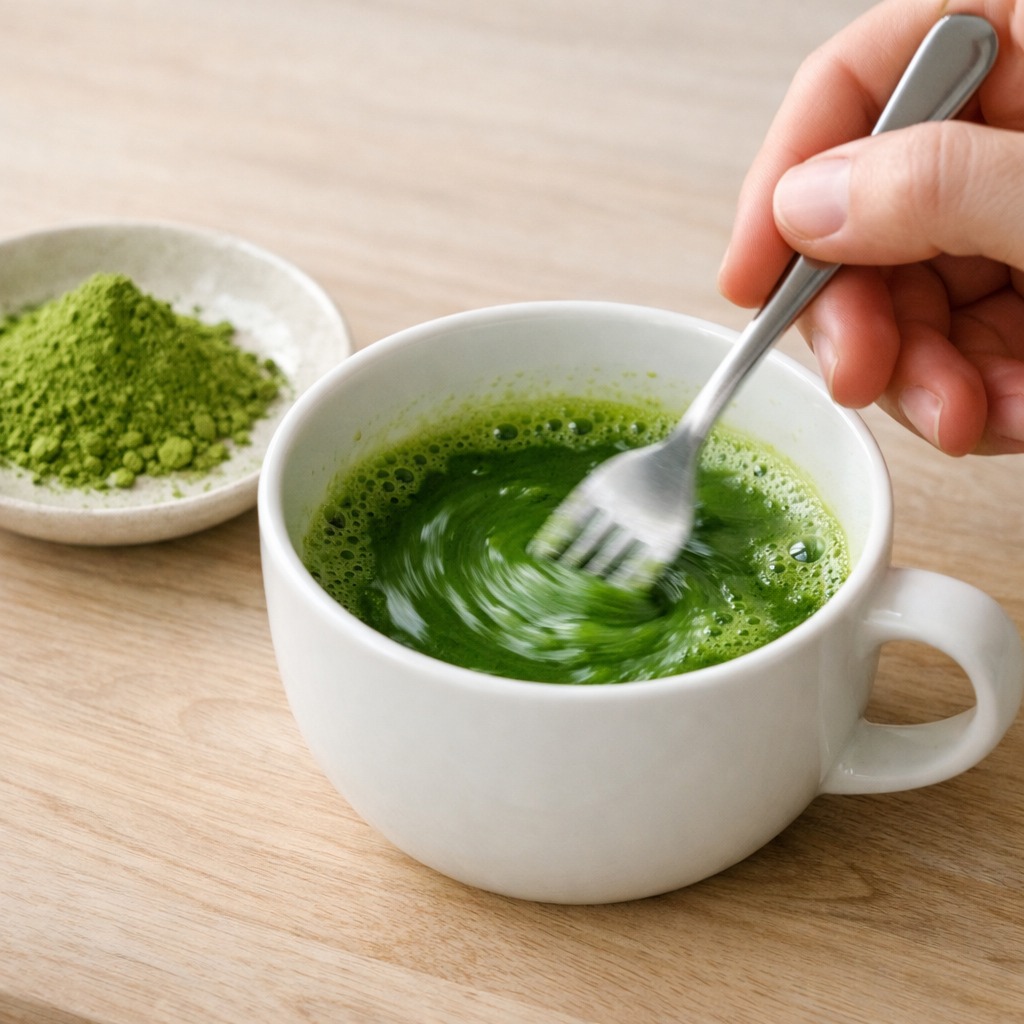 A hand holding a fork, vigorously whisking bright green matcha in a white ceramic cup
