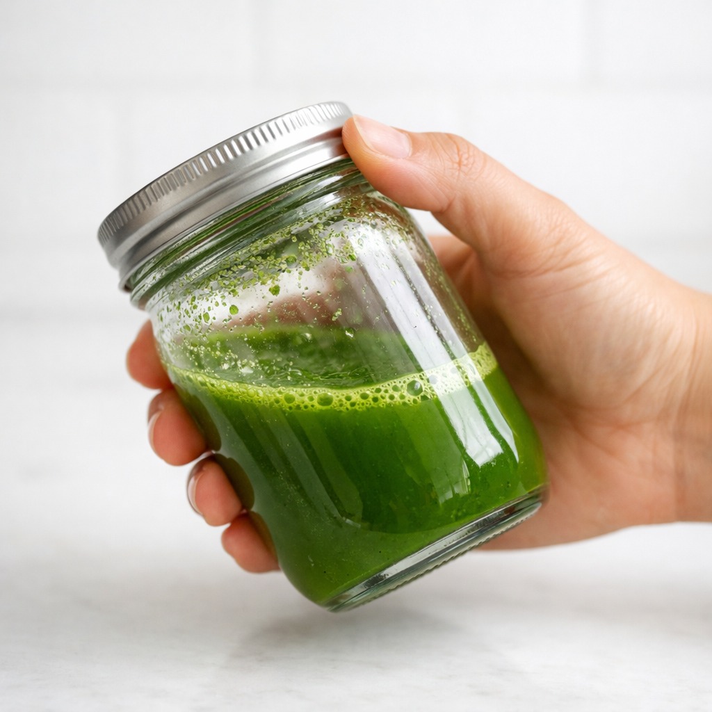 A small glass mason jar with a metal lid, half filled with bright green matcha and water, being held at an angle as if about to be shaken