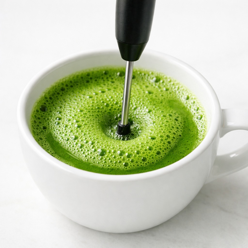 A small handheld battery-powered milk frother submerged in a cup of bright green matcha, creating a fine foam on the surface
