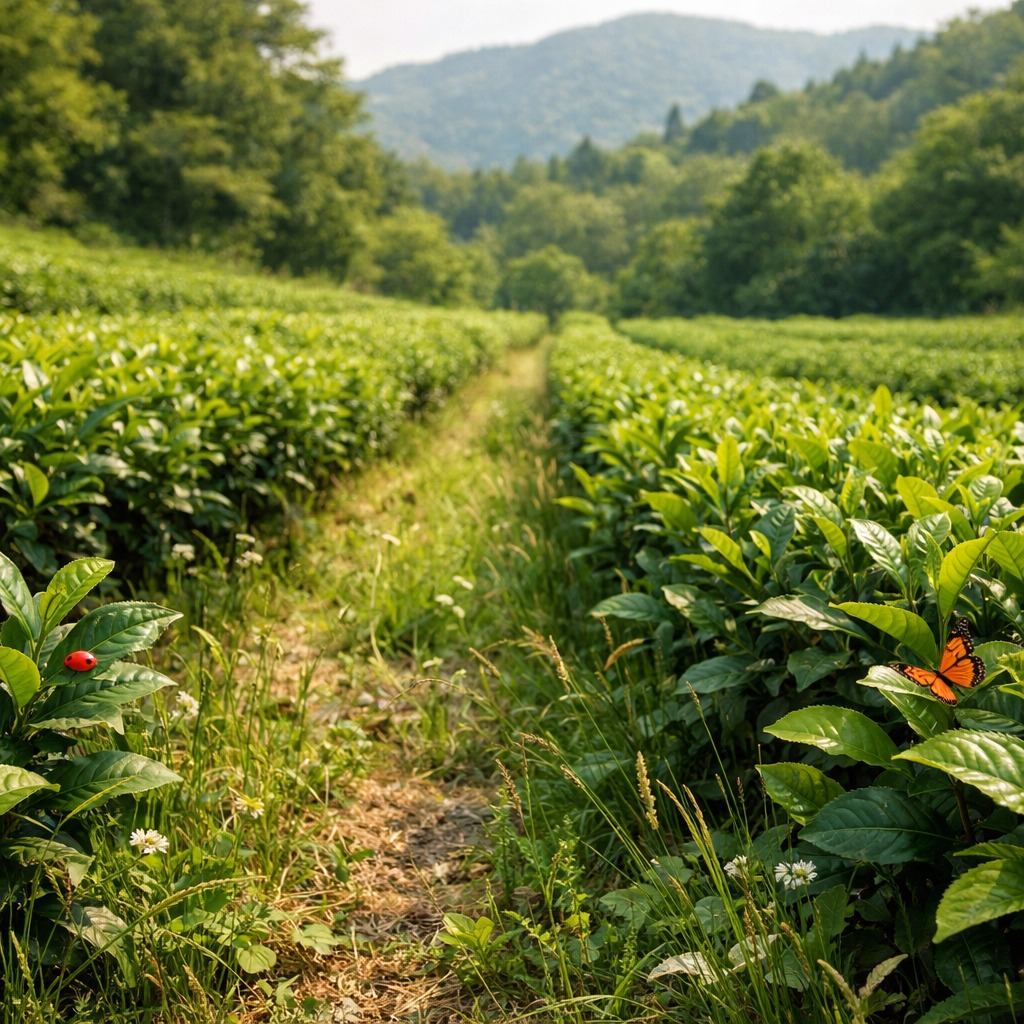 Natural tea field with wild grasses between rows and a small insect on the leaves