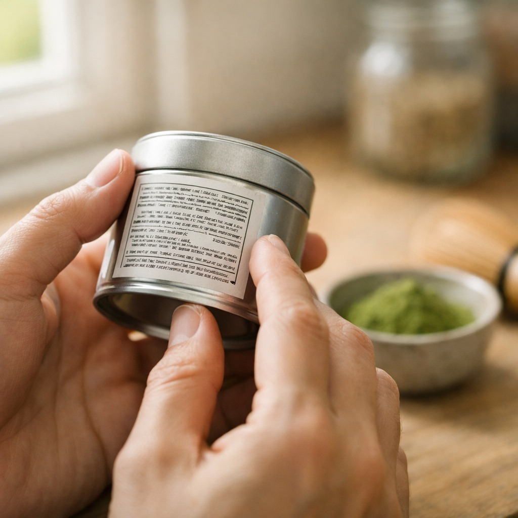 Hand holding a tin of matcha powder and reading the back label in a kitchen