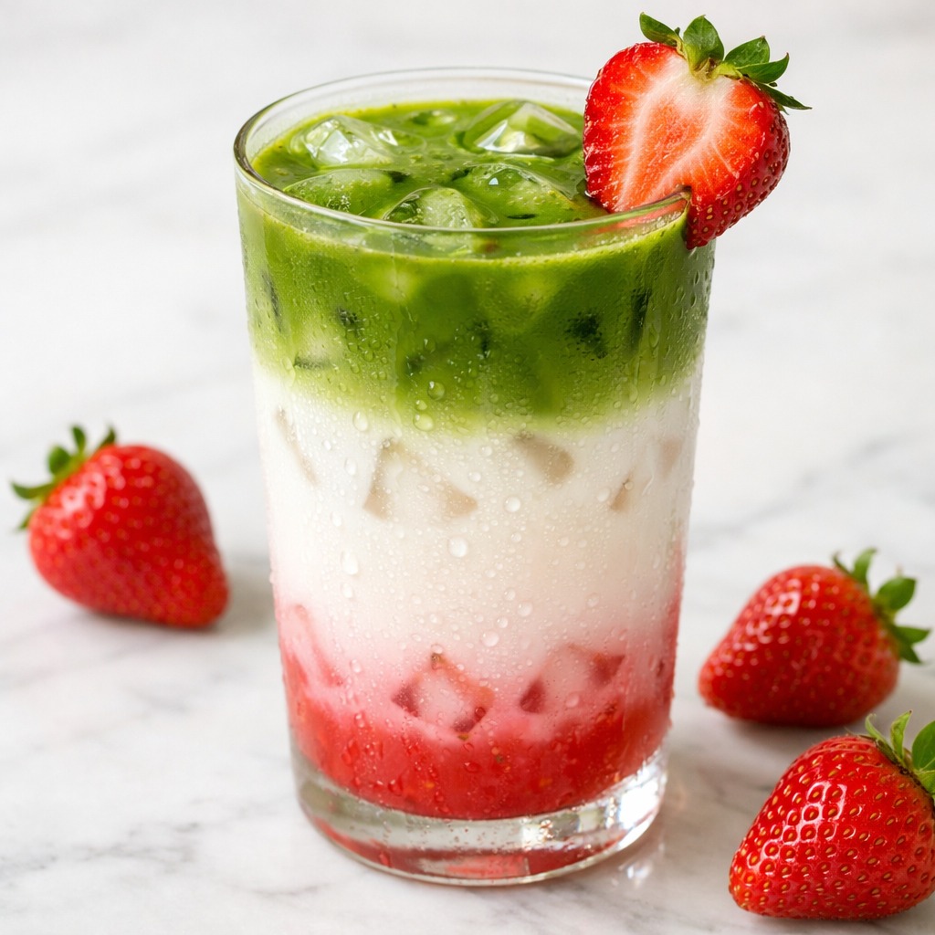 Three-layered strawberry matcha latte: pink syrup, white milk, and green matcha with ice