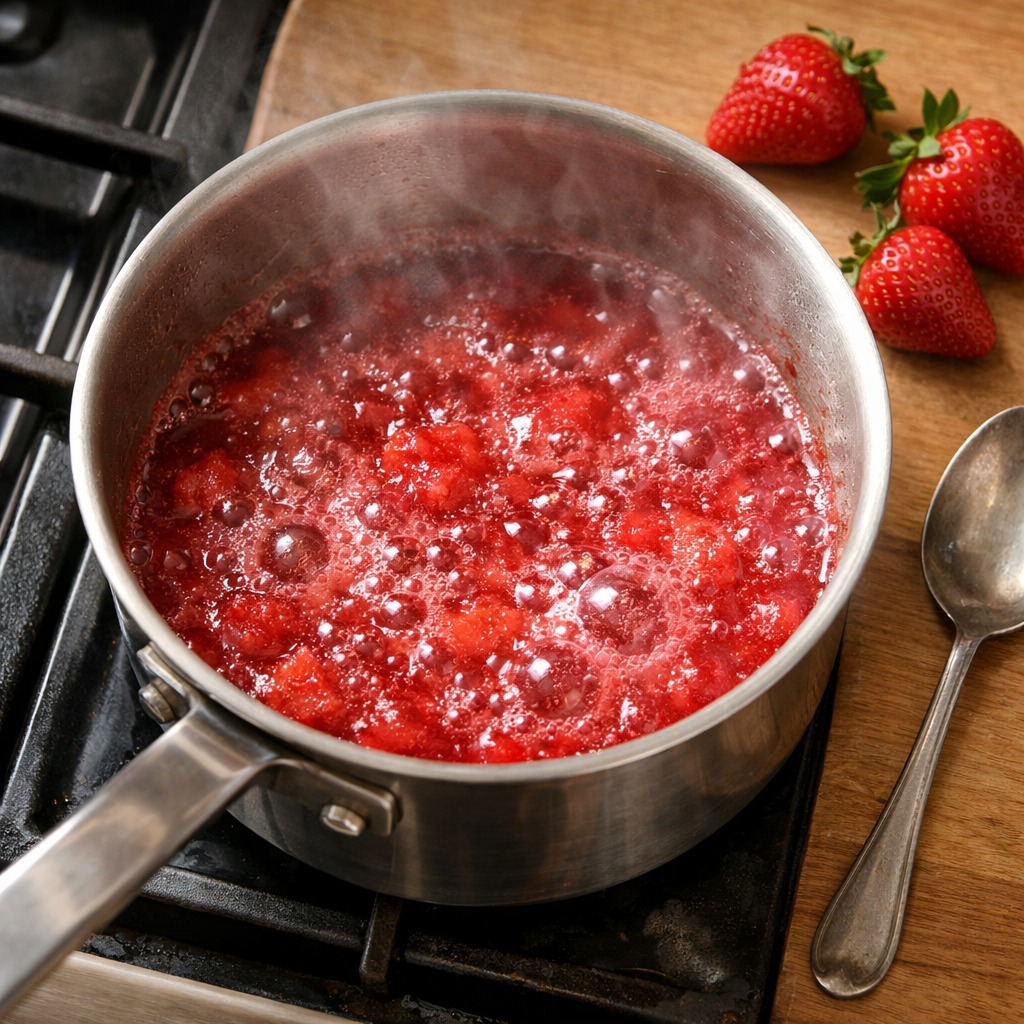 Small saucepan of bubbling homemade strawberry syrup with fresh strawberries beside it