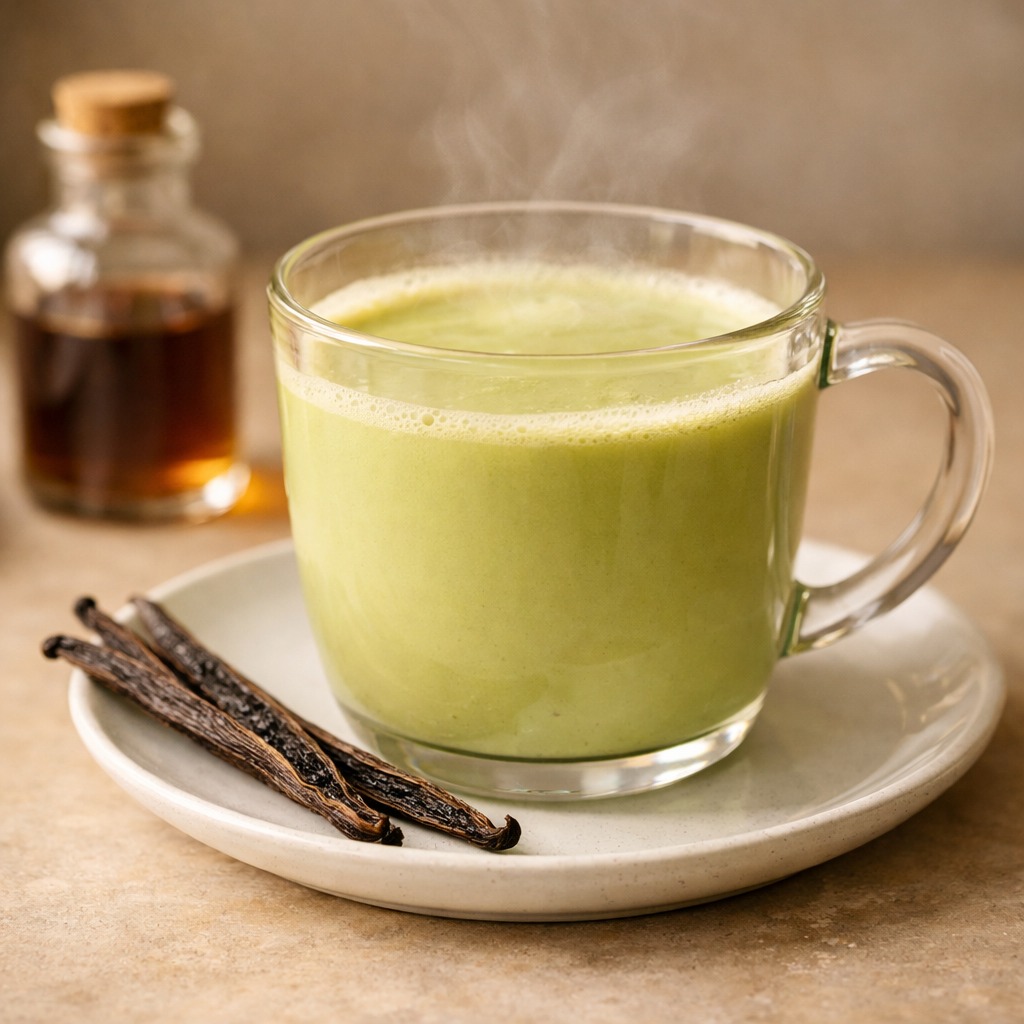 Warmer Vanille-Matcha-Latte in durchsichtigem Glas mit aufgeschnittener Vanilleschote auf der Untertasse