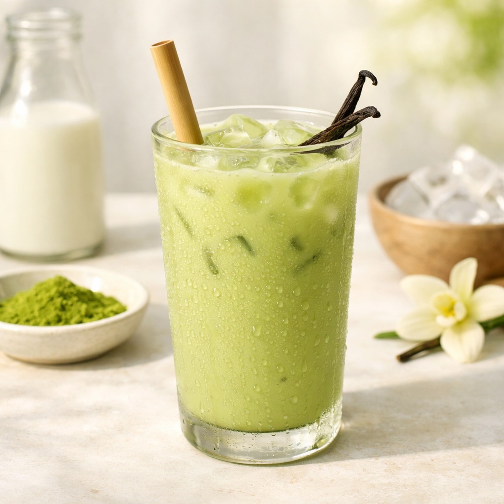 Eis-Vanille-Matcha-Latte im hohen Glas mit Vanilleschote und Bambusstrohhalm
