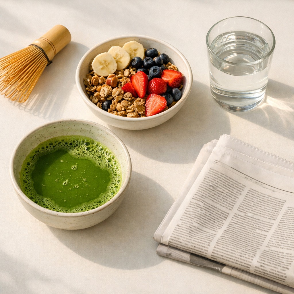 Morning routine: whisked matcha, glass of water, granola with fruit, and newspaper
