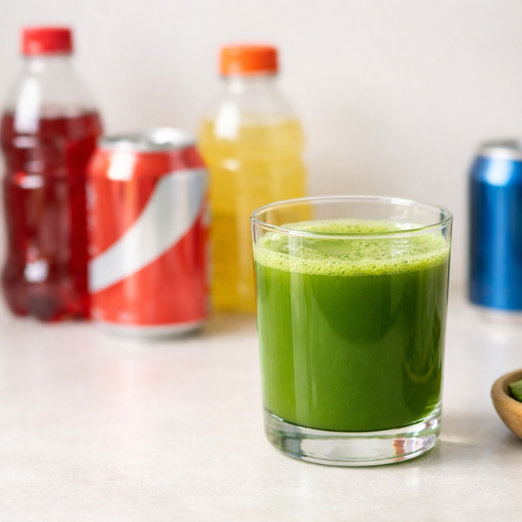 Bright green matcha in a clean glass with sugary drinks blurred in the background