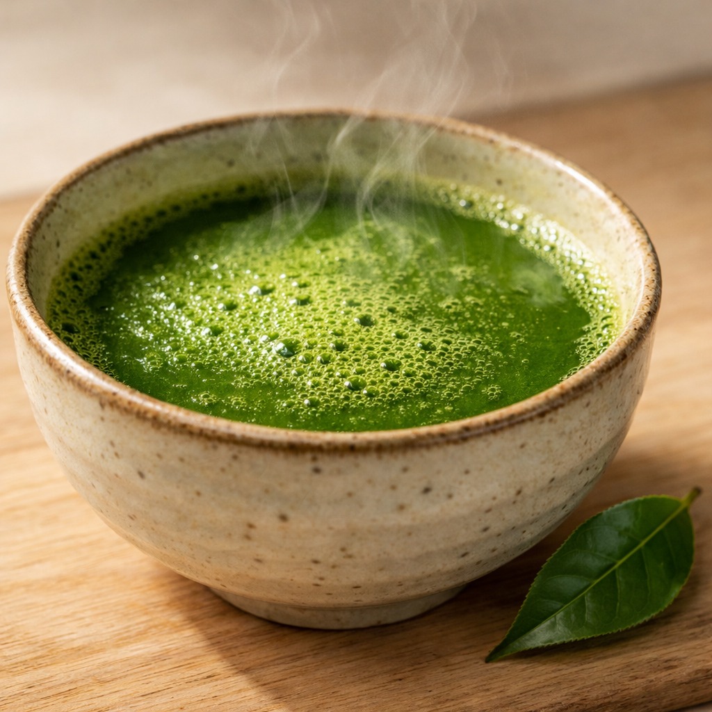 Freshly whisked bowl of matcha with steam rising and a tea leaf beside it