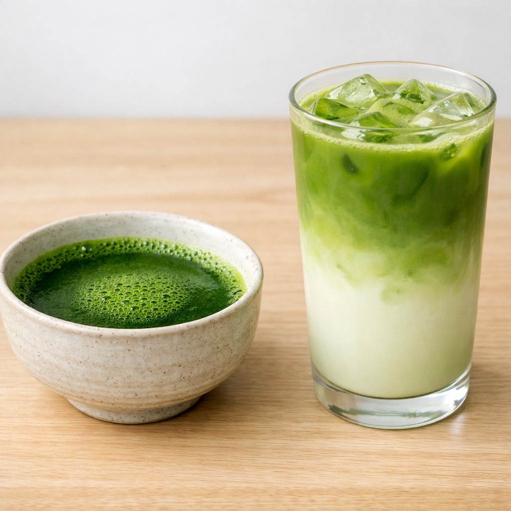 Bowl of straight whisked matcha next to a tall glass of creamy matcha latte