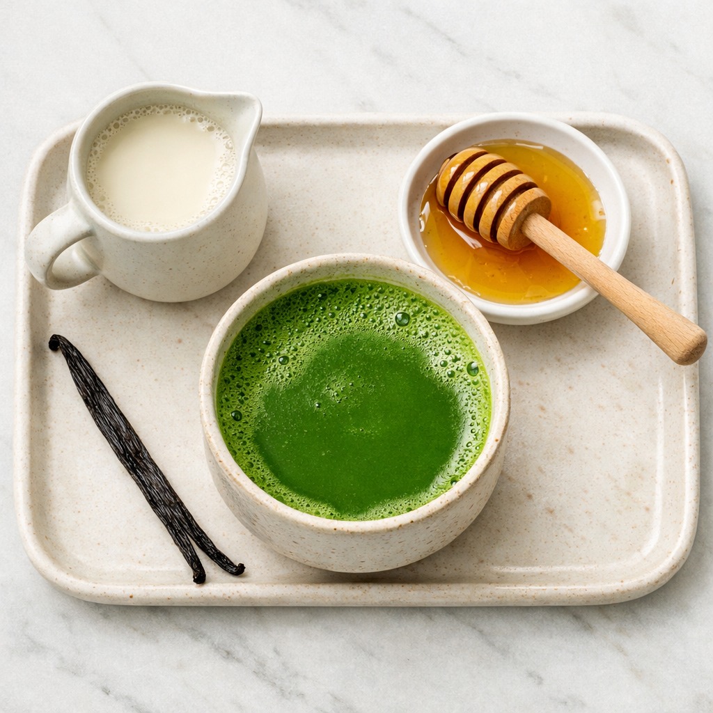 Tray with matcha customisation options: oat milk, honey, vanilla pod, and a cup of matcha