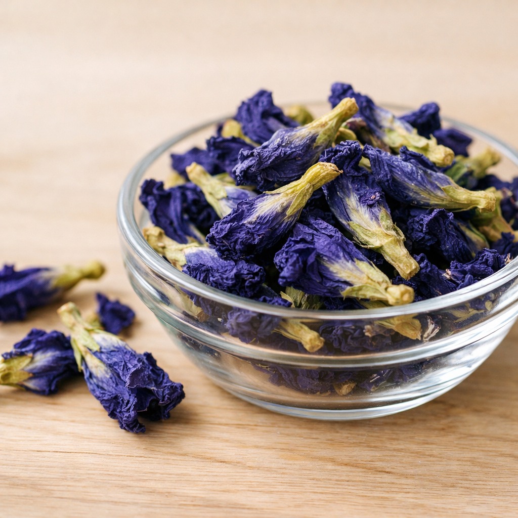 Close-up of dried butterfly pea flowers in a small clear glass bowl on a light wood surface