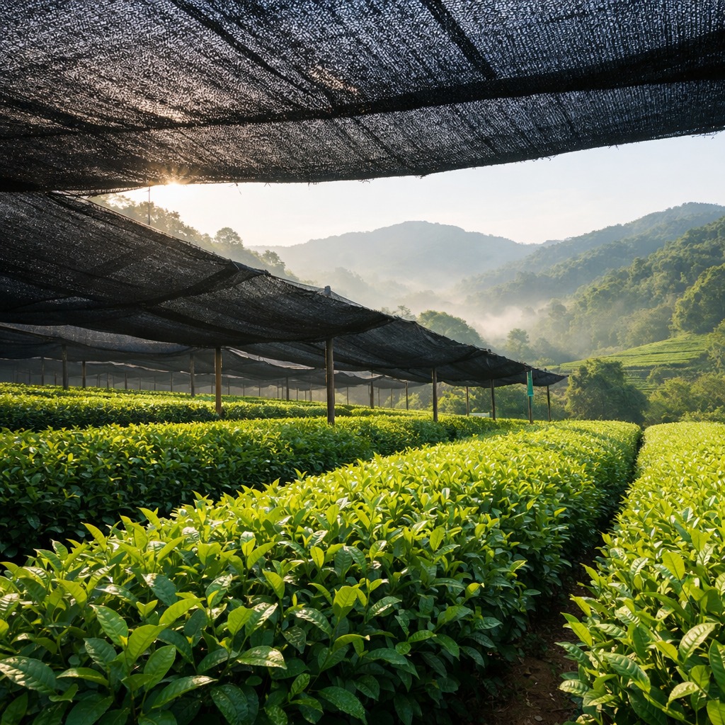 Rows of shade-grown tea bushes under black netting in a Japanese tea field
