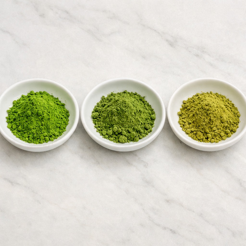 Three ceramic dishes showing matcha grades from vibrant ceremonial green to dull culinary olive