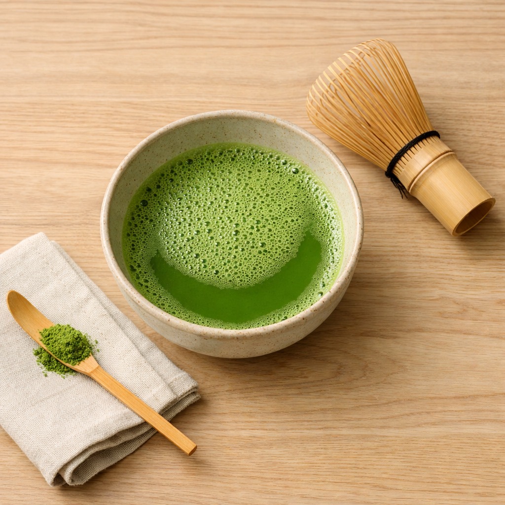 Freshly whisked bowl of matcha with a bamboo whisk and scoop on a linen cloth