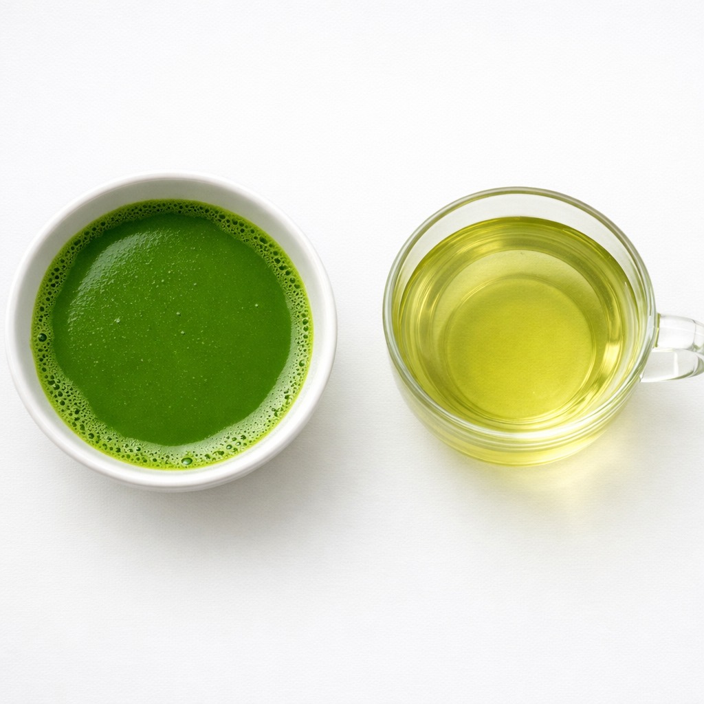 Opaque green whisked matcha next to a clear glass of pale steeped green tea
