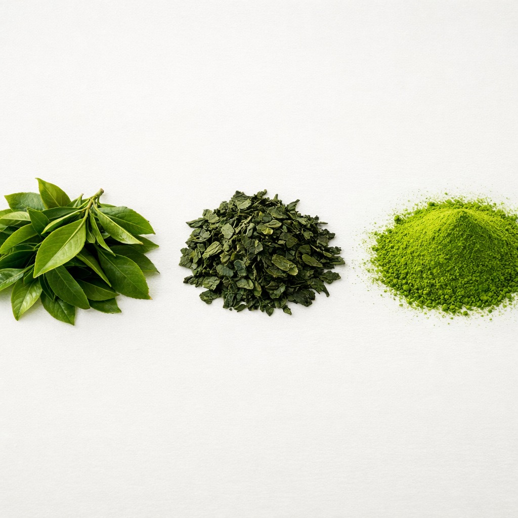 Progression from fresh green tea leaves to dried tencha flakes to fine matcha powder