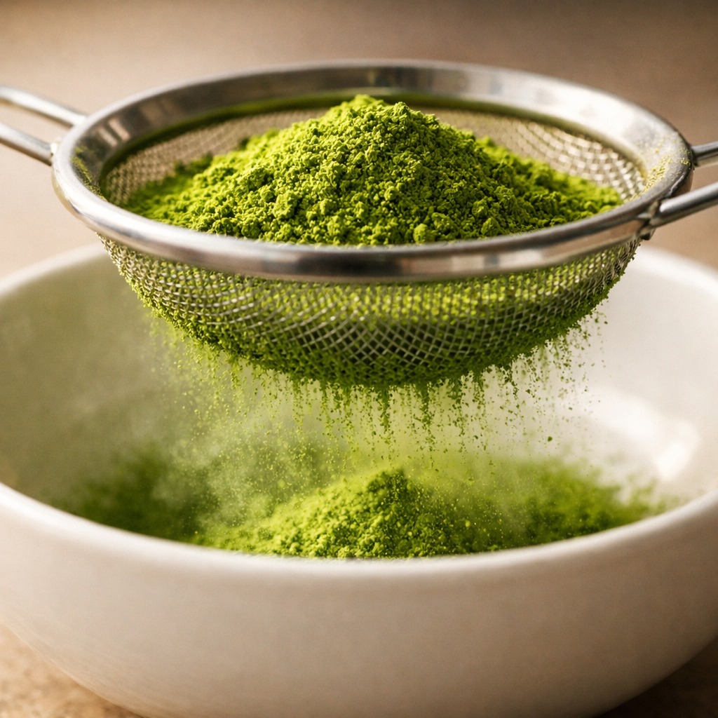 Matcha powder being sifted through a fine mesh strainer into a white ceramic bowl