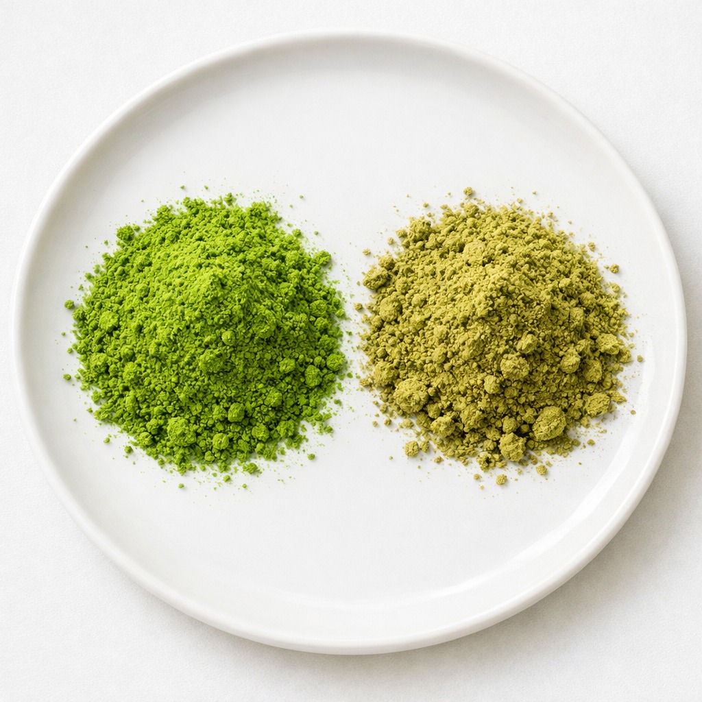 Two piles of matcha on a white plate: vibrant pure green versus dull lower quality