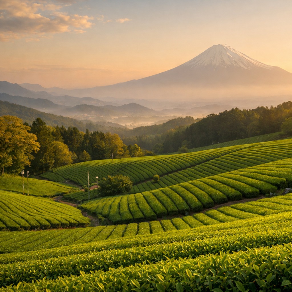 Panoramisch uitzicht op nette rijen theeplanten op een Japanse heuvel met mistige bergen
