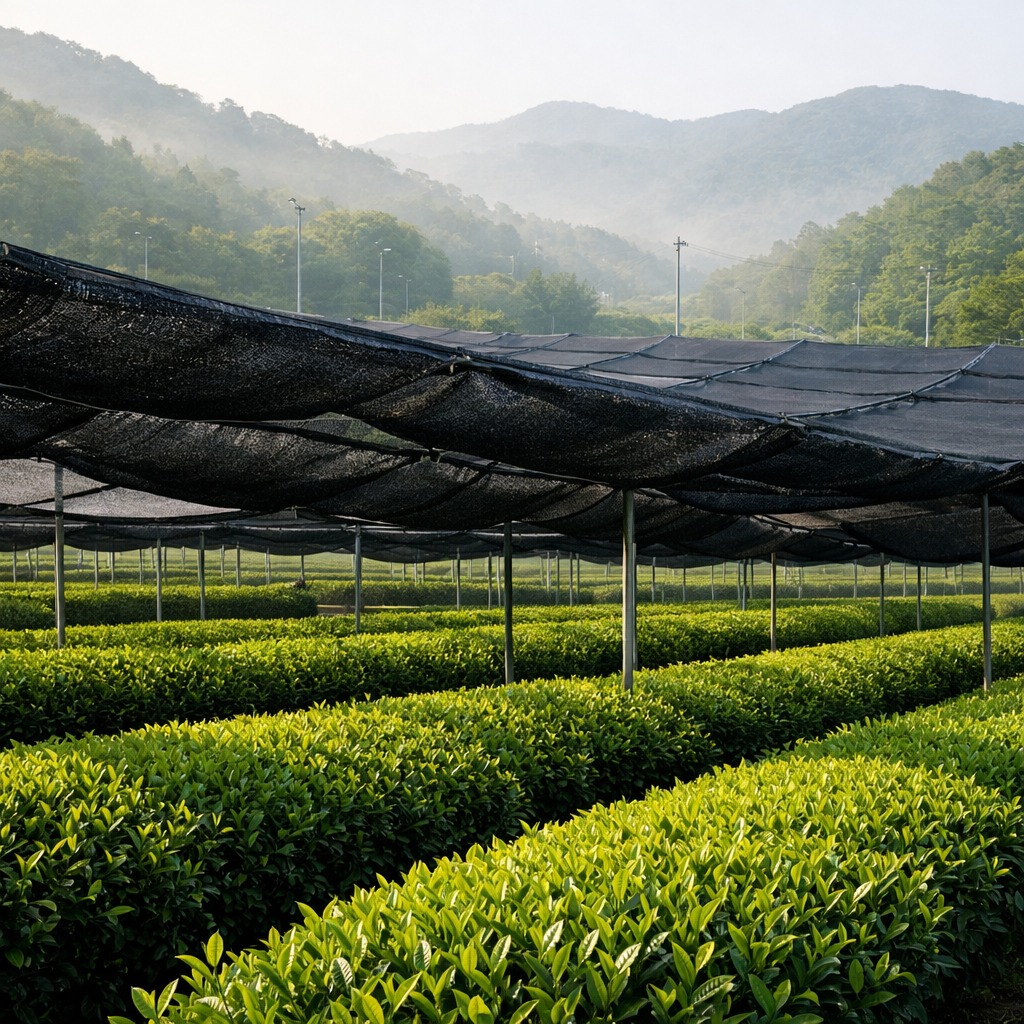 Rows of vibrant green tea bushes covered by black shade canopies in a Japanese tea field