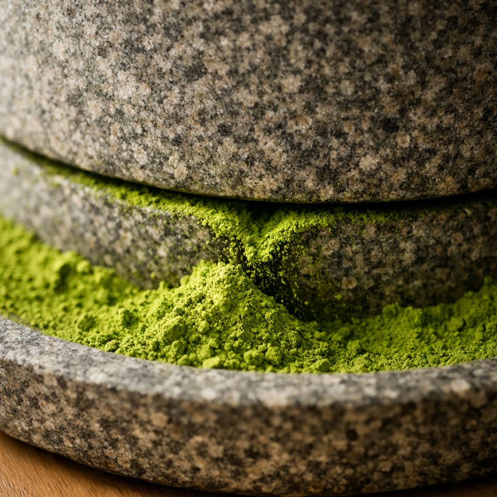 Close-up of a traditional granite stone mill with fine bright green matcha powder collecting around the edge where the stones meet