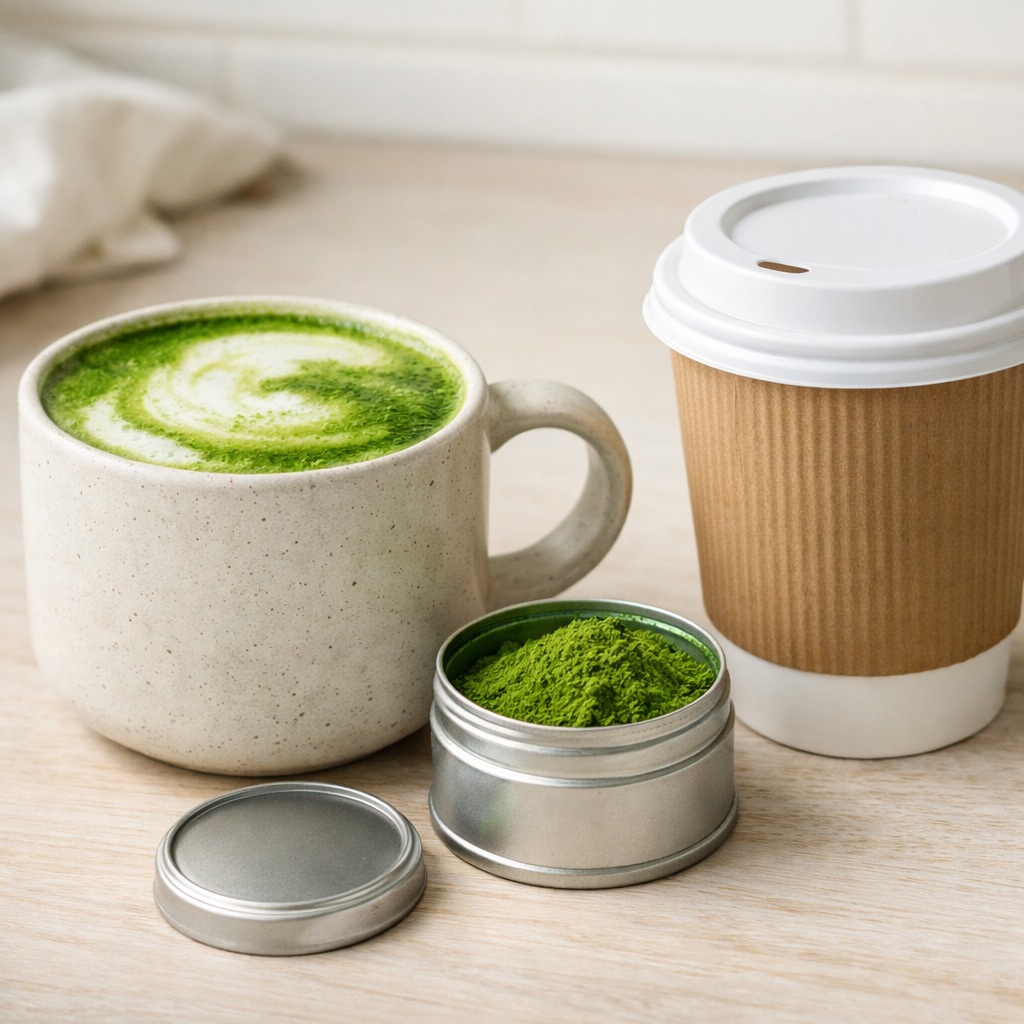 A homemade matcha latte in a simple ceramic mug sitting on a kitchen counter, next to a small tin of matcha powder